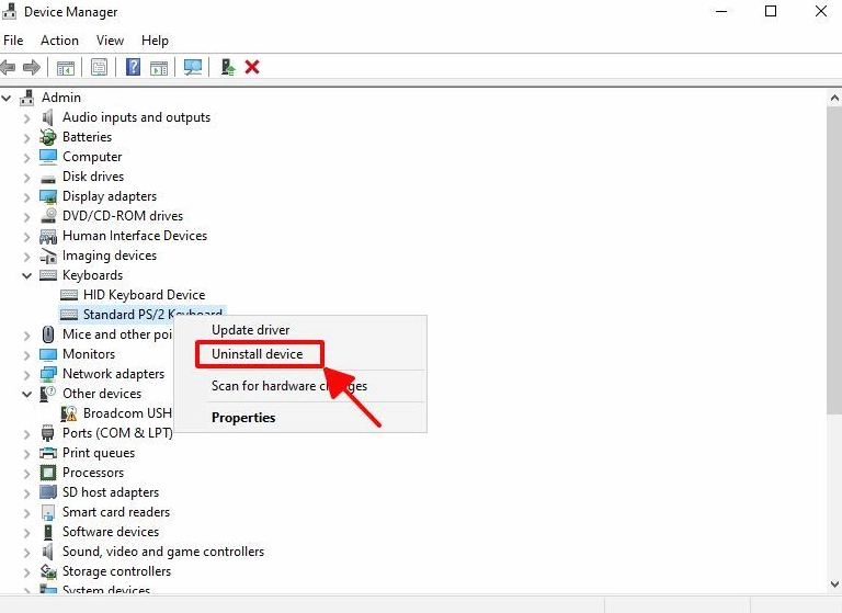 Thao tác gỡ cài đặt driver bàn phím trong công cụ Device Manager của hệ điều hành Windows