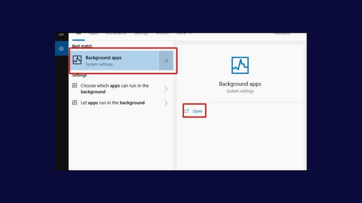 Thao tác gõ từ khóa background apps vào ô tìm kiếm trên cửa sổ Windows Settings