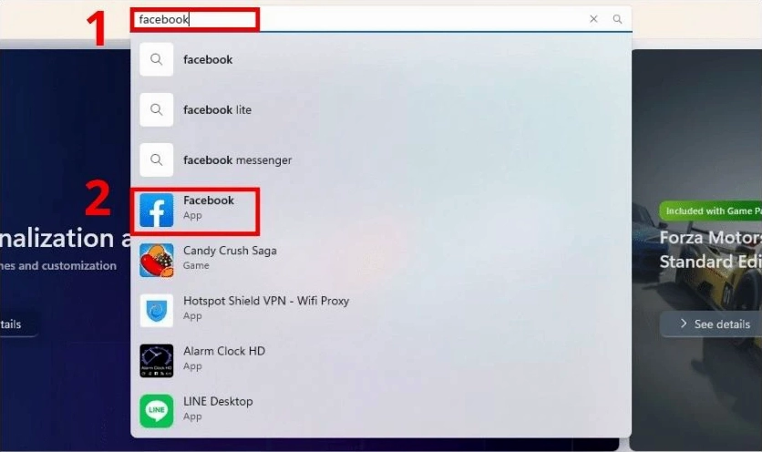 Thao tác gõ từ khóa Facebook vào thanh tìm kiếm trên giao diện cửa hàng ứng dụng Microsoft Store