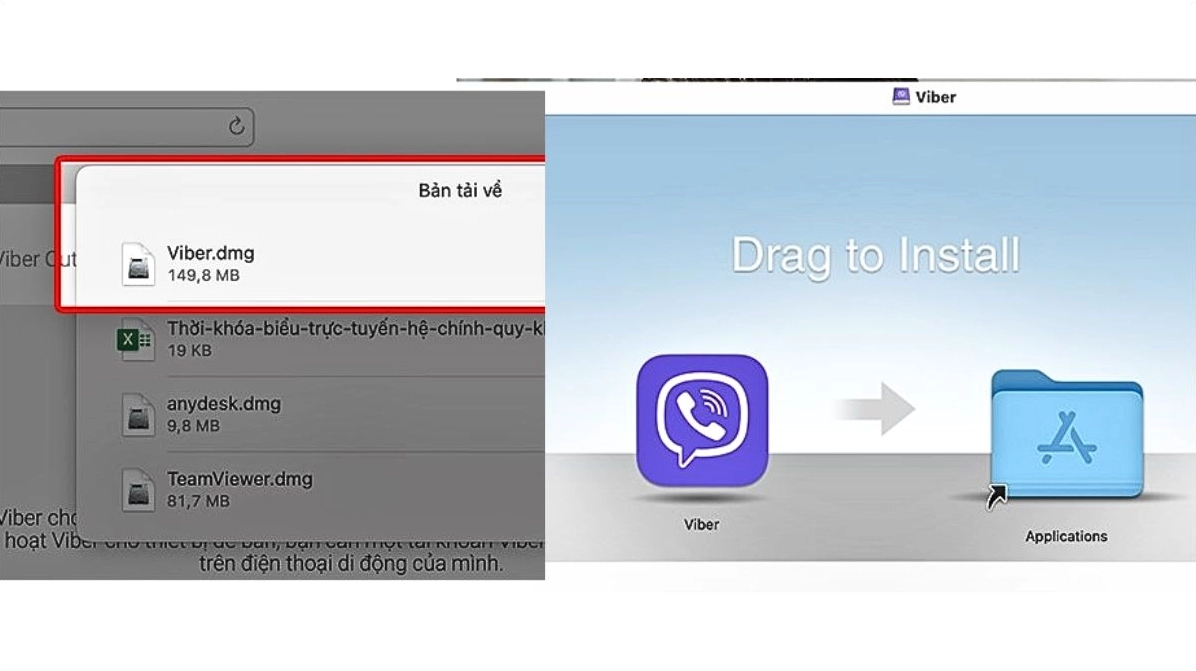 Thao tác kéo thả biểu tượng ứng dụng Viber vào trong thư mục Applications trên Mac