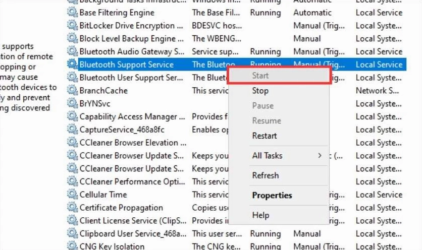 Thao tác khởi động lại Bluetooth trong dịch vụ hệ thống
