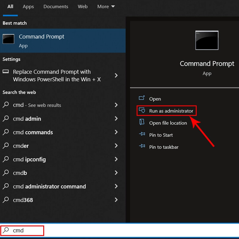 Thao tác mở ứng dụng Command Prompt thông qua thanh tìm kiếm của hệ điều hành Windows