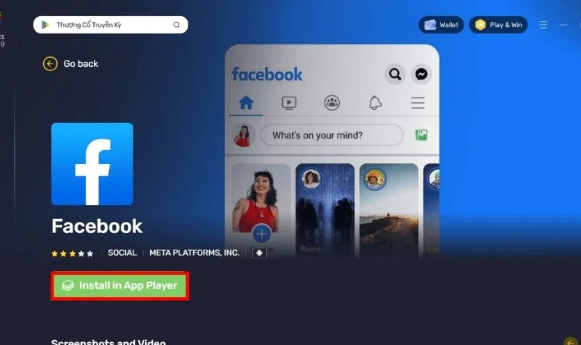 Thao tác nhấn nút Install để tiến hành cài đặt ứng dụng Facebook thông qua phần mềm giả lập BlueStacks