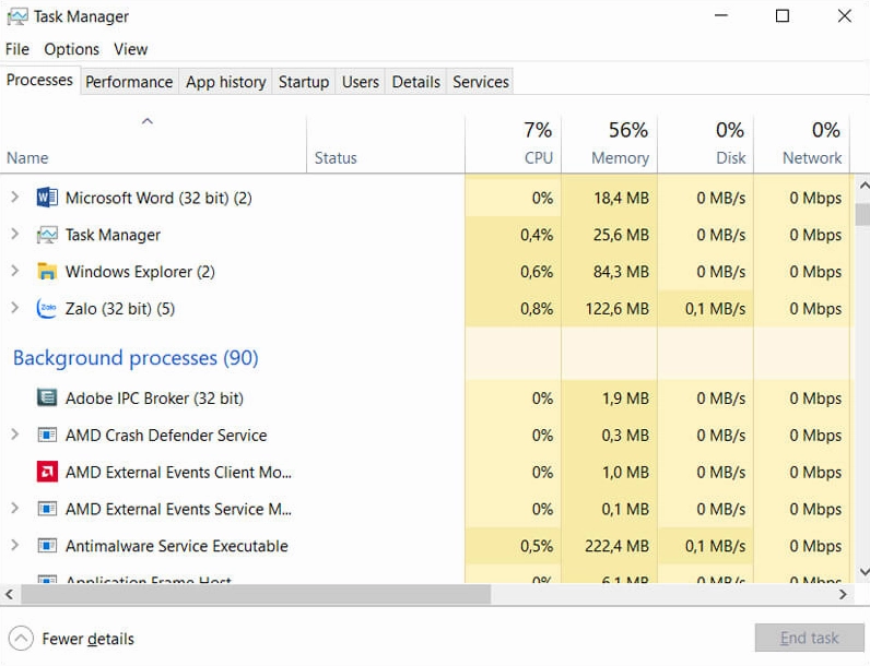 Thao tác nhấn vào nút More details để mở rộng chế độ xem toàn diện của Task Manager
