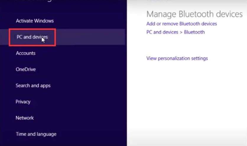 Thao tác nhấp chọn PC and devices trong cài đặt
