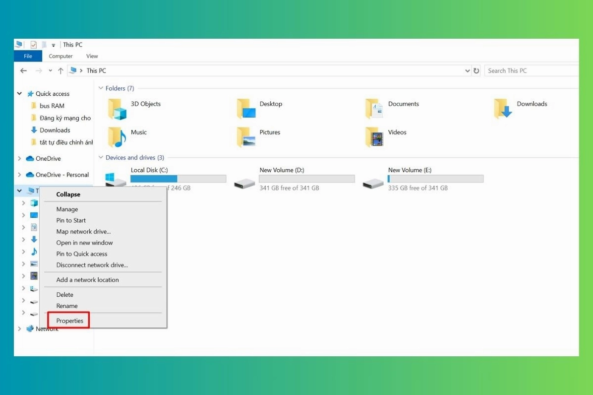 Thao tác nhấp chuột phải vào biểu tượng This PC hoặc My Computer rồi chọn mục Properties