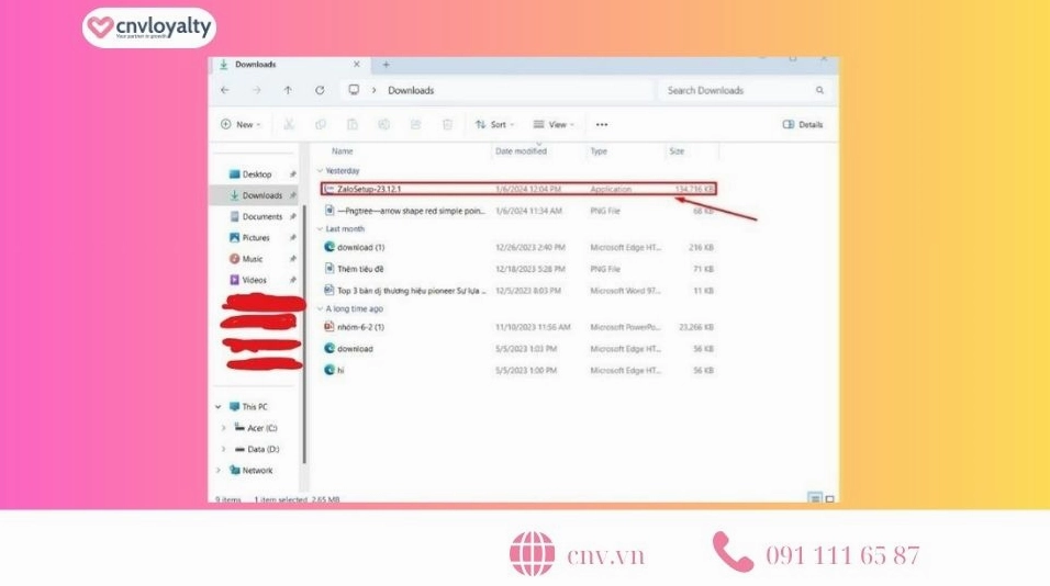 Thao tác nhấp đúp chuột hai lần vào file Zalo exe để bắt đầu tiến trình cài đặt phần mềm