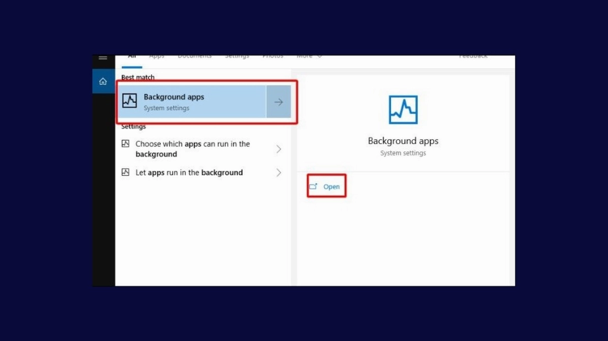 Thao tác nhập từ khóa background apps vào ô tìm kiếm bên trong giao diện Windows Settings