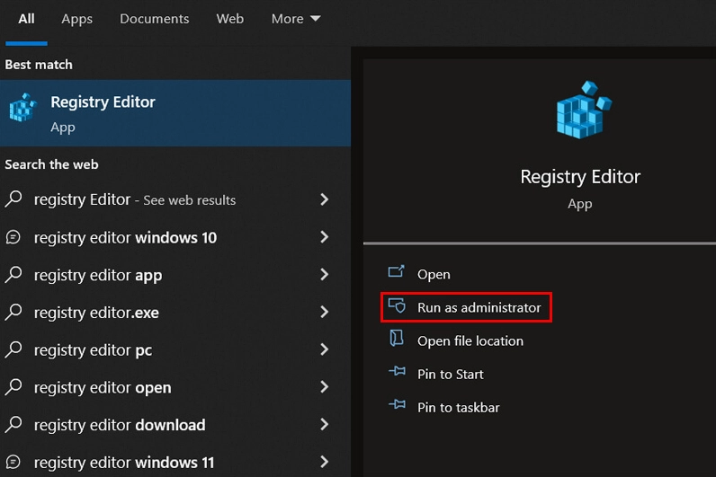 Thao tác nhập từ khóa Registry Editor vào ô tìm kiếm của Windows để mở công cụ chỉnh sửa