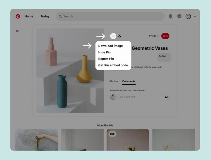 Thao tác nhấp vào biểu tượng ba chấm để tải ảnh từ Pinterest