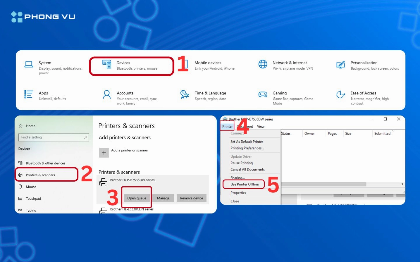 Thao tác sửa lỗi máy in bị báo trạng thái ngoại tuyến Offline