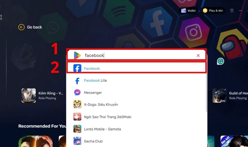 Thao tác tìm kiếm và lựa chọn ứng dụng Facebook chính thức trong cửa hàng Google Play của giả lập