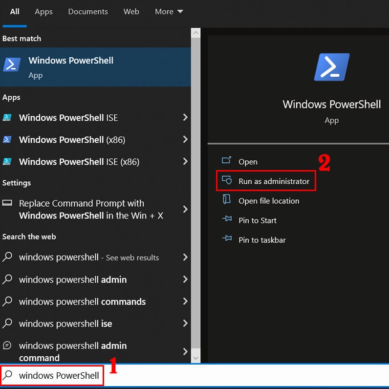 Thao tác tìm kiếm và mở công cụ Windows PowerShell trên thanh tìm kiếm của hệ thống