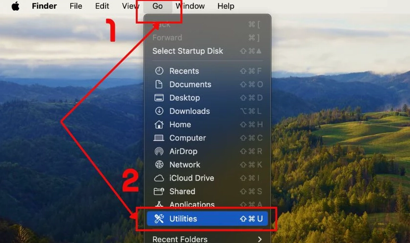 Thao tác truy cập menu Go và chọn mục Utilities