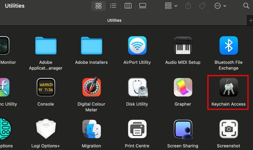 Thao tác vào ứng dụng Keychain Access và tìm tên của mạng Wi Fi