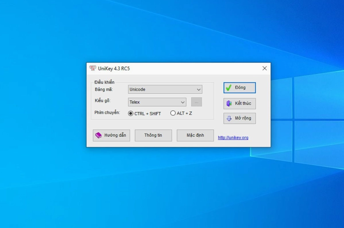 Thiết lập phần mềm Uniket bằng cách chọn bảng mã Unicode và kiểu gõ bạn quen dùng như Telex hoặc VNI