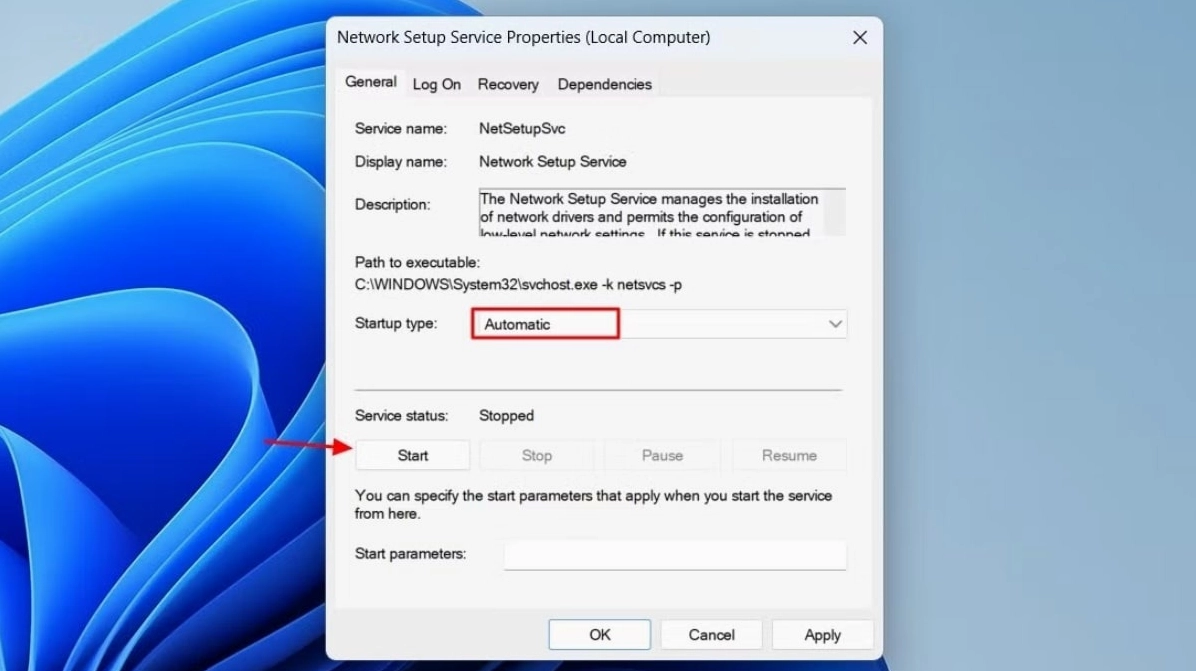 Thiết lập trong mục Startup type chọn chế độ Automatic