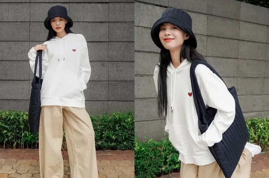 Thiếu nữ diện hoodie mùa đông phối quần kaki ống rộng sành điệu