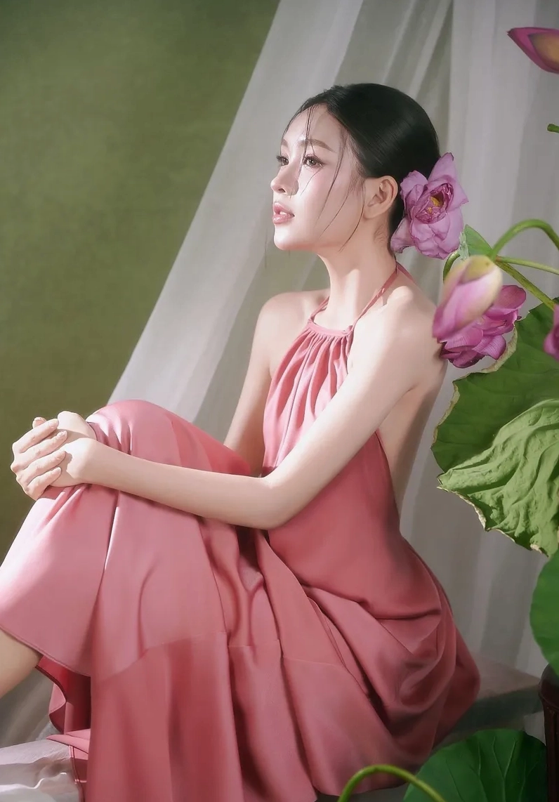 Bộ sưu tập ảnh gái xinh mặc áo yếm quyến rũ vạn người mê 6 Thiếu nữ lãng mạn trong chiếc yếm tạo dáng cùng hoa sen hồng