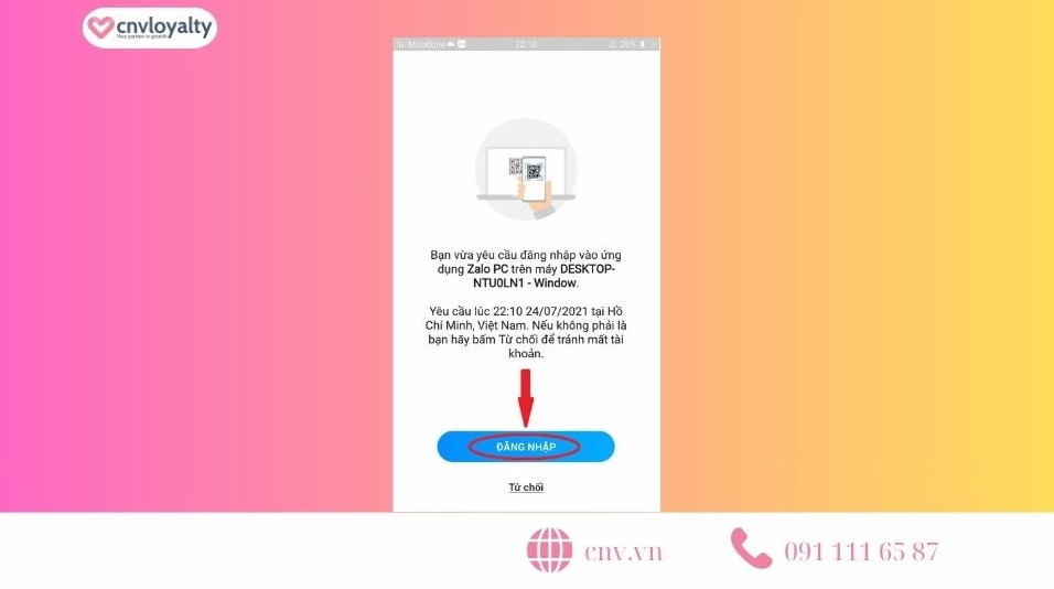 Thông báo hiển thị quá trình đăng nhập bằng mã QR trên Zalo máy tính đã hoàn tất
