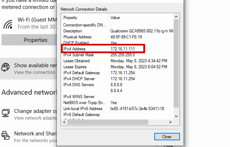 Thông tin chi tiết kết nối mạng Network Connection Details