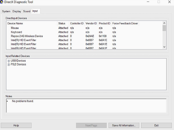 Thông tin thiết bị đầu vào hiển thị trong thẻ Input của công cụ dxdiag