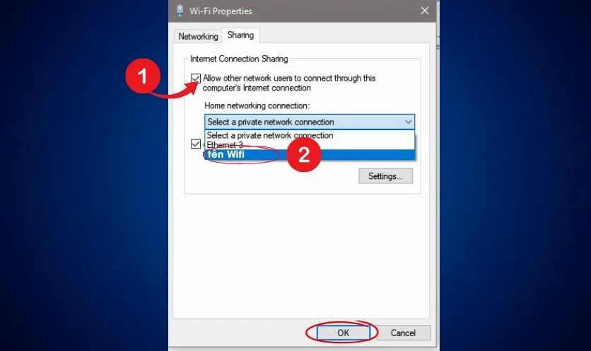 Hướng dẫn chi tiết cách phát wifi từ laptop cực kỳ đơn giản và hiệu quả nhất 15 Tích chọn Allow other network users to connect qua kết nối mạng