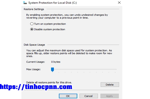 Hướng dẫn chi tiết cách làm cho laptop win 10 chạy nhanh hơn hiệu quả 22 Tích chọn Disable System Protection để vô hiệu hóa khôi phục