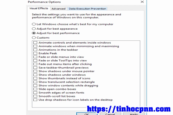Hướng dẫn chi tiết cách làm cho laptop win 10 chạy nhanh hơn hiệu quả 11 Tích chọn mục Adjust for best performance để ưu tiên hiệu suất