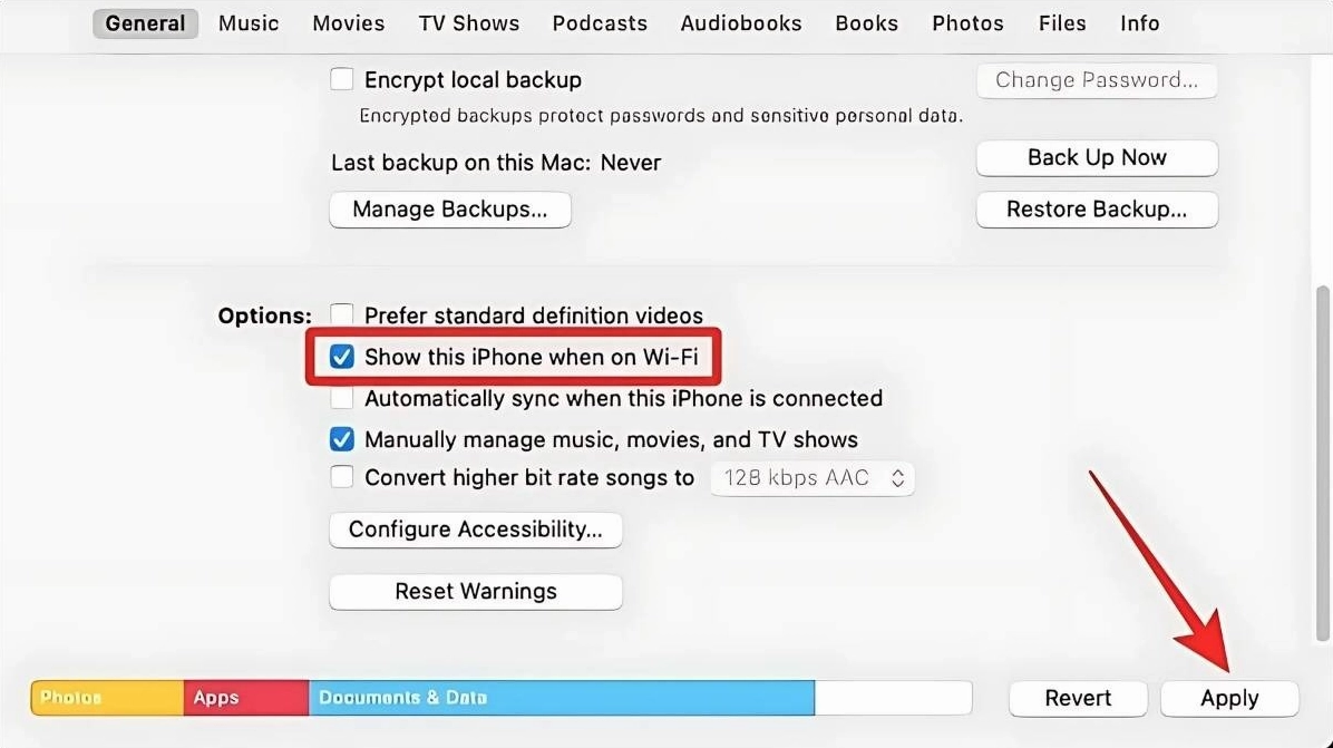Hướng dẫn cách đồng bộ iPhone với laptop nhanh chóng đơn giản 7 Tích chọn vào ô cho phép hiển thị iPhone khi kết nối chung mạng Wi-Fi trên máy tính