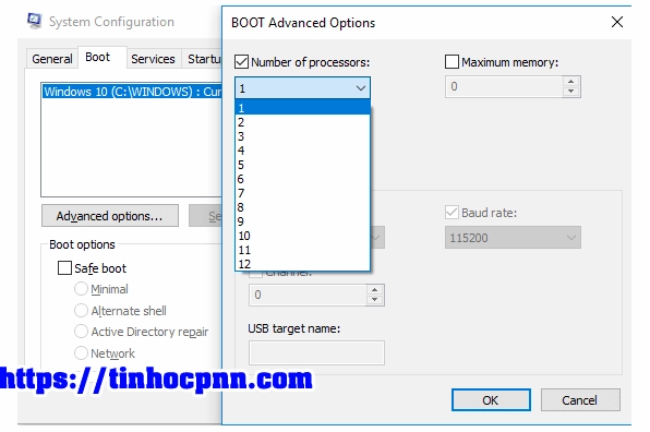 Hướng dẫn chi tiết cách làm cho laptop win 10 chạy nhanh hơn hiệu quả 23 Tick vào mục Number of Processors và chọn số lõi lớn nhất