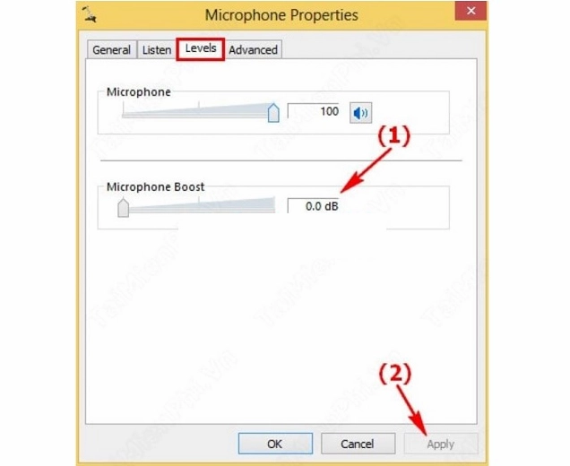 Tiến hành chỉnh mic khi tiếng bị rè, phát không rõ bằng cách điều hướng đến tab Level trong hộp thoại Sound