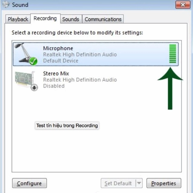 Tiến hành chỉnh mic không lên tiếng bằng cách nhấn chọn Set Default để hệ thống giải quyết giúp bạn