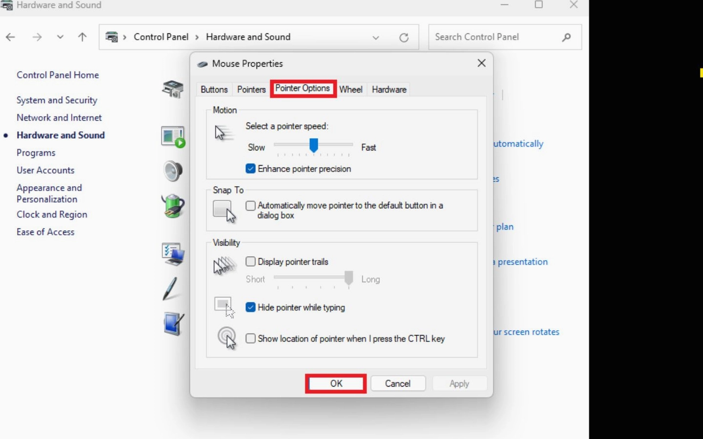 Tiến hành điều chỉnh tốc độ chuột