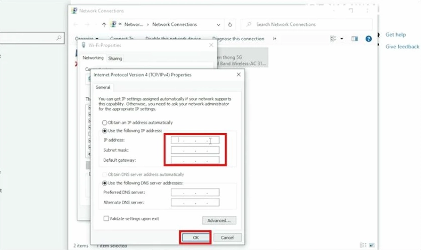 Tiến hành thiết lập 2 cấu hình PC với 2 IP tĩnh khác nhau