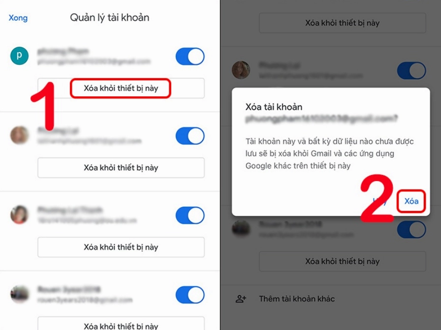 Tiến hành xóa tài khoản ra khỏi thiết bị