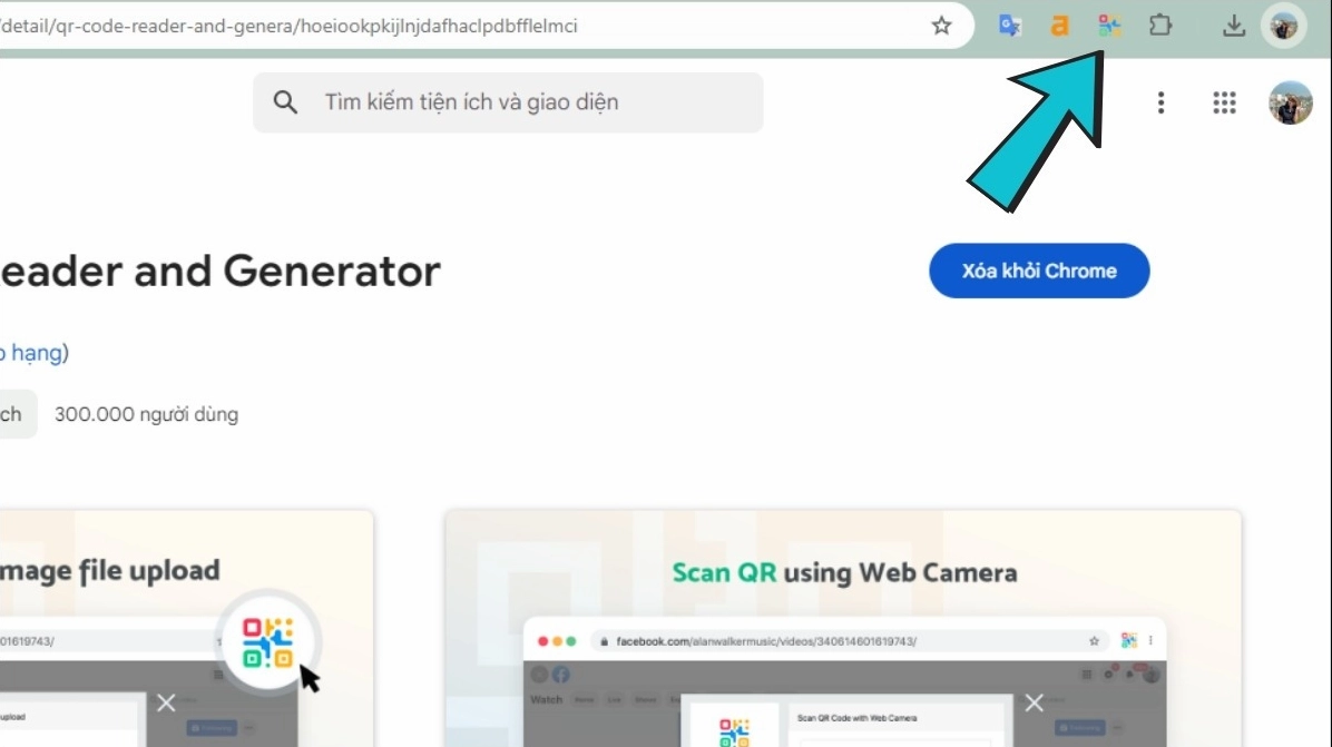 Tiện ích quét mã xuất hiện ở góc trên bên phải màn hình trình duyệt
