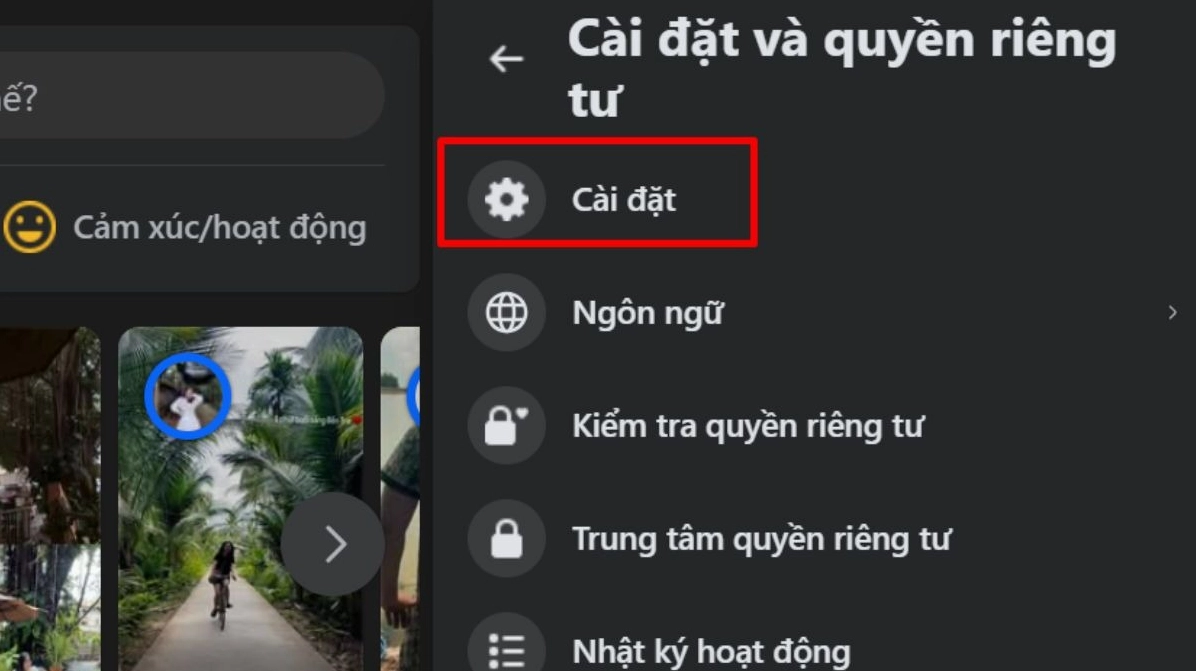 Tiếp tục chọn Cài đặt