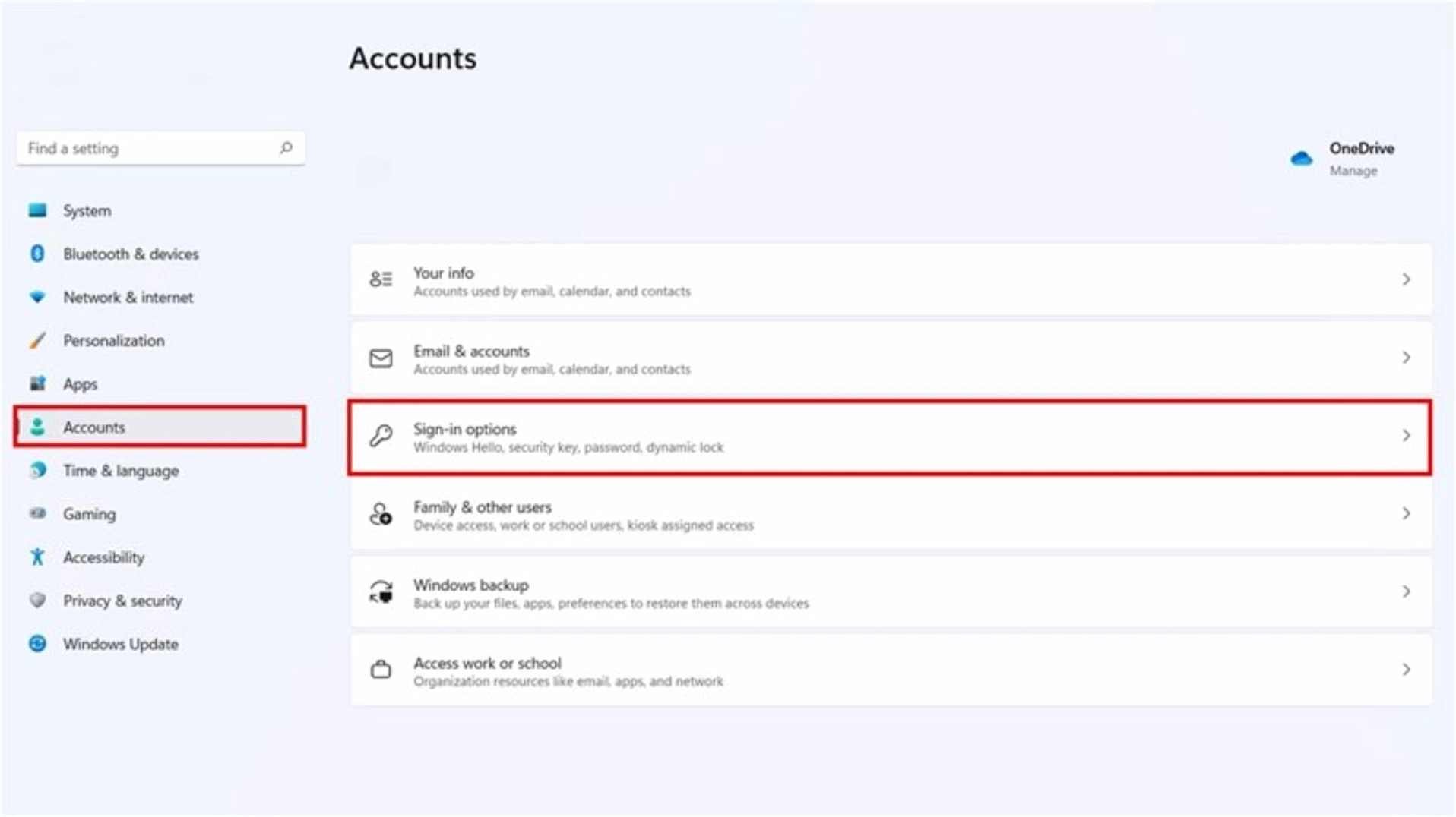 Tiếp tục chọn vào mục Account rồi tìm đến phần Sign in Options