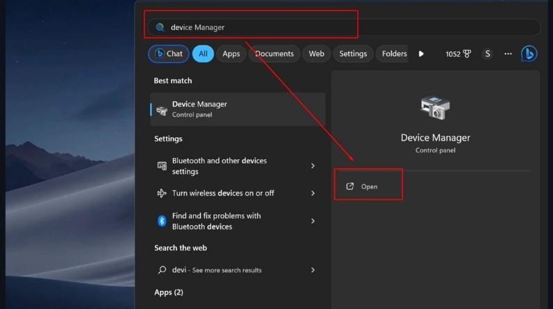Tìm kiếm từ khóa Device Manager trong thanh tìm kiếm của Windows