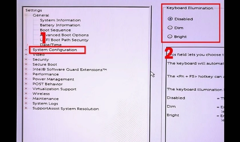 Tìm mục Keyboard Illumination hoặc Built-in Device Options