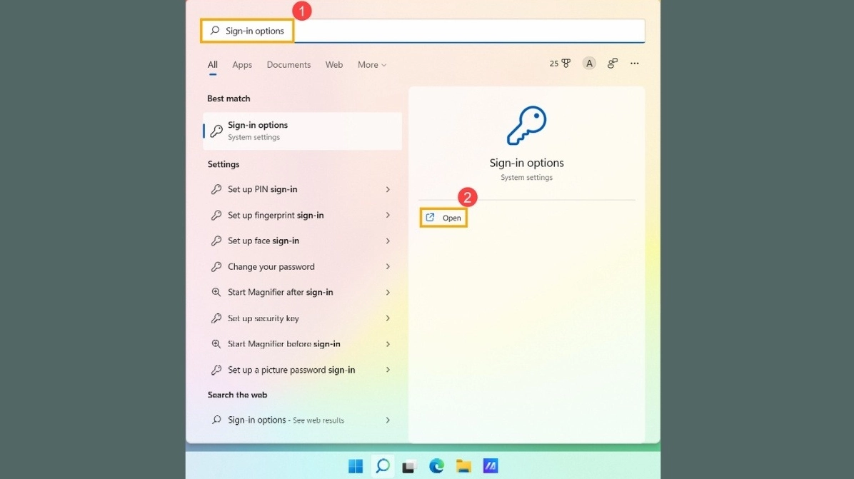 Tìm Sign-in options trong thanh tìm kiếm của Windows