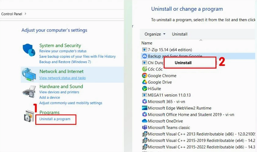Tìm tới mục Program và chọn Uninstall programs