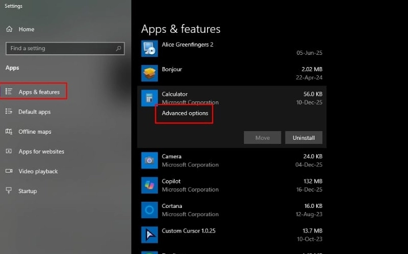 Tìm ứng dụng Calculator trong danh sách Apps nhấp chọn Advanced options để Reset