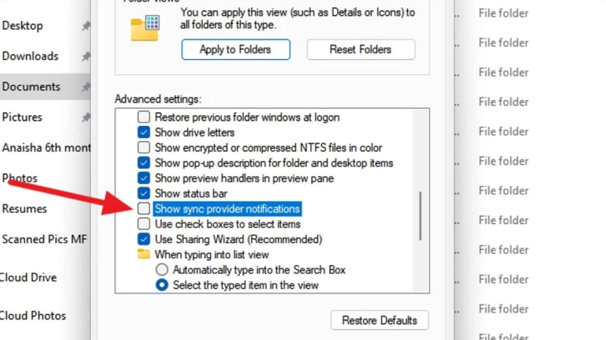 Tìm và bỏ chọn Show sync provider notifications để tắt quảng cáo