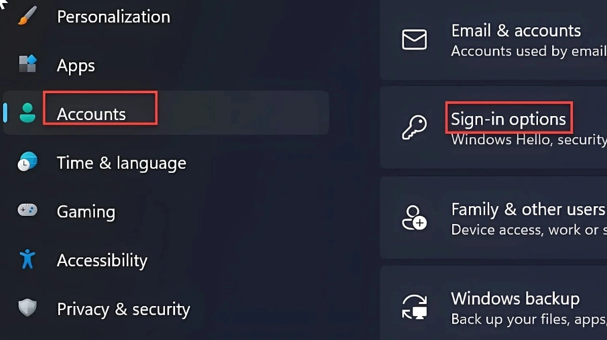 Tìm và chọn mục Accounts Chọn Sign-in options