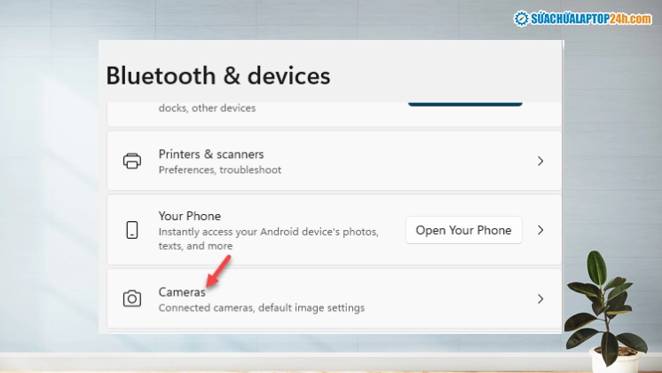 Tìm và chọn mục Cameras trong phần quản lý thiết bị