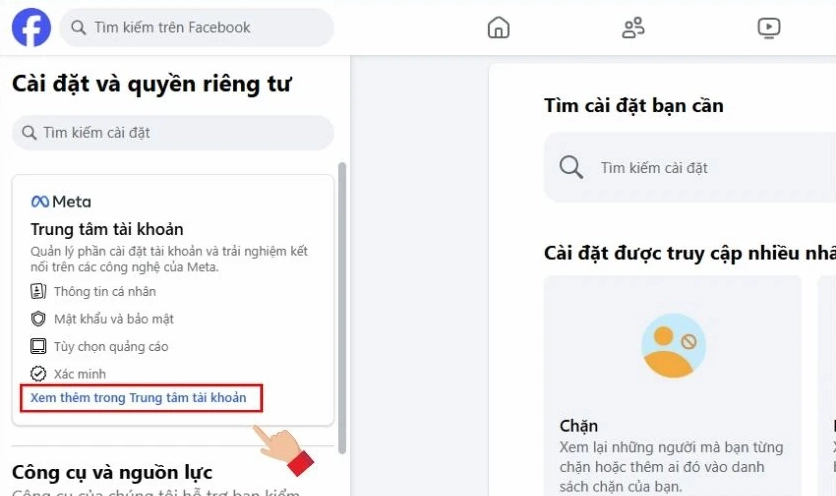 Tìm và chọn mục Xem thêm trong Trung tâm tài khoản
