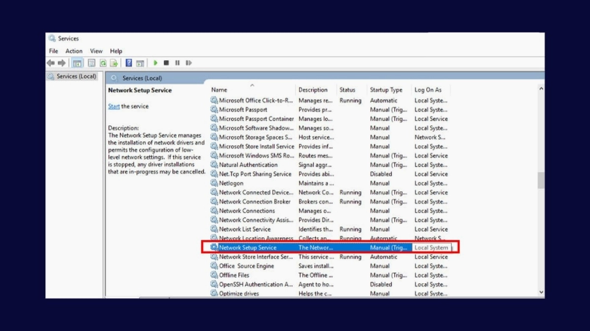 Hướng dẫn chi tiết cách quên pass wifi trên laptop đơn giản và hiệu quả nhất 2026 7 Tìm và mở dịch vụ Network Setup Service trong cửa sổ quản lý dịch vụ