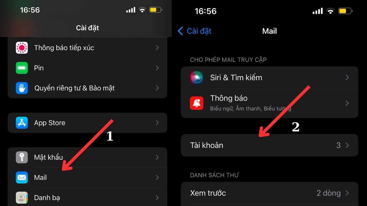Trong Cài đặt tìm và chọn mục Mail